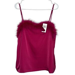 HYFVE Satin Faux Fur Camisole Tank Top Cami Womens Large Fuchsia Pink